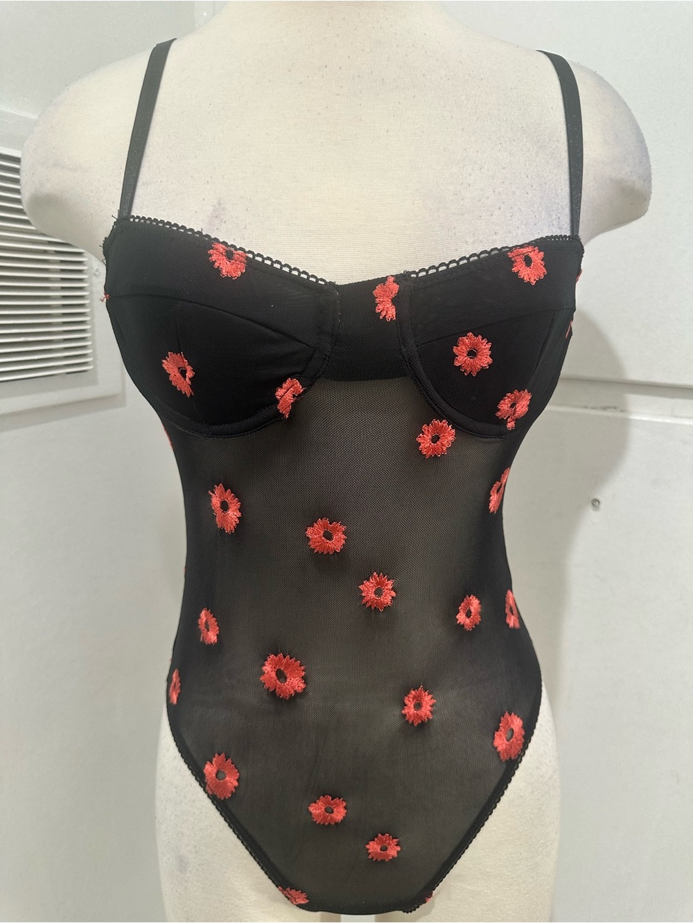 Princess Polly Black One-Piece Swimsuit with Red Floral Embroidery